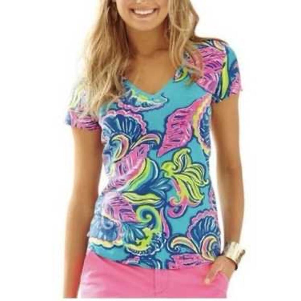 Lilly Pulitzer Sz XS Michele Top Palm Reader‎ V-Neck Short Sleeve Bright Colors